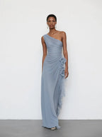 Light Blue 3D Floral Chiffon One Shoulder Sleeveless Sheath Maxi Dress