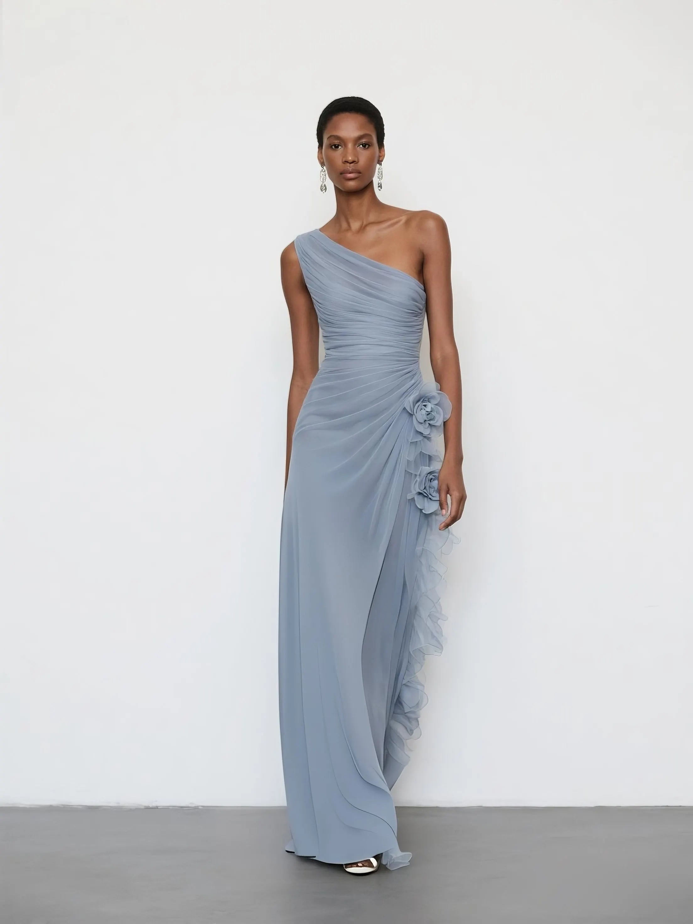 Light Blue 3D Floral Chiffon One Shoulder Sleeveless Sheath Maxi Dress