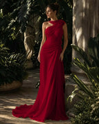 Cocoslly One Shoulder Sleeveless High Waist Long Prom Dress With Rhinstone | Green Chiffon LX0087