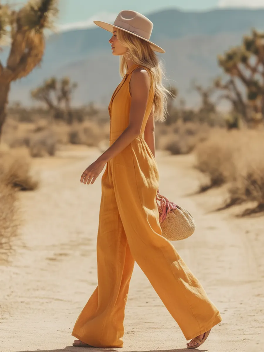 Bohemian Retro Western Lapel Sleeveless Cotton-Linen Jumpsuit