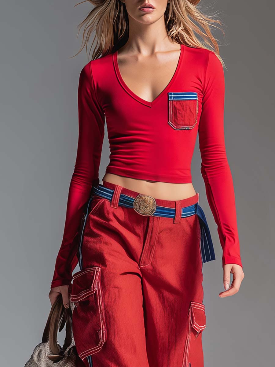 Y2K Retro Red V-Neck Long-Sleeve Crop Tee And Contrast-Stitch Cargo Wide-Leg Pants Set