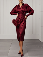 Women Wine Red Lapel Collar Long Sleeve Dressy Top With Skirt Two-Piece Set