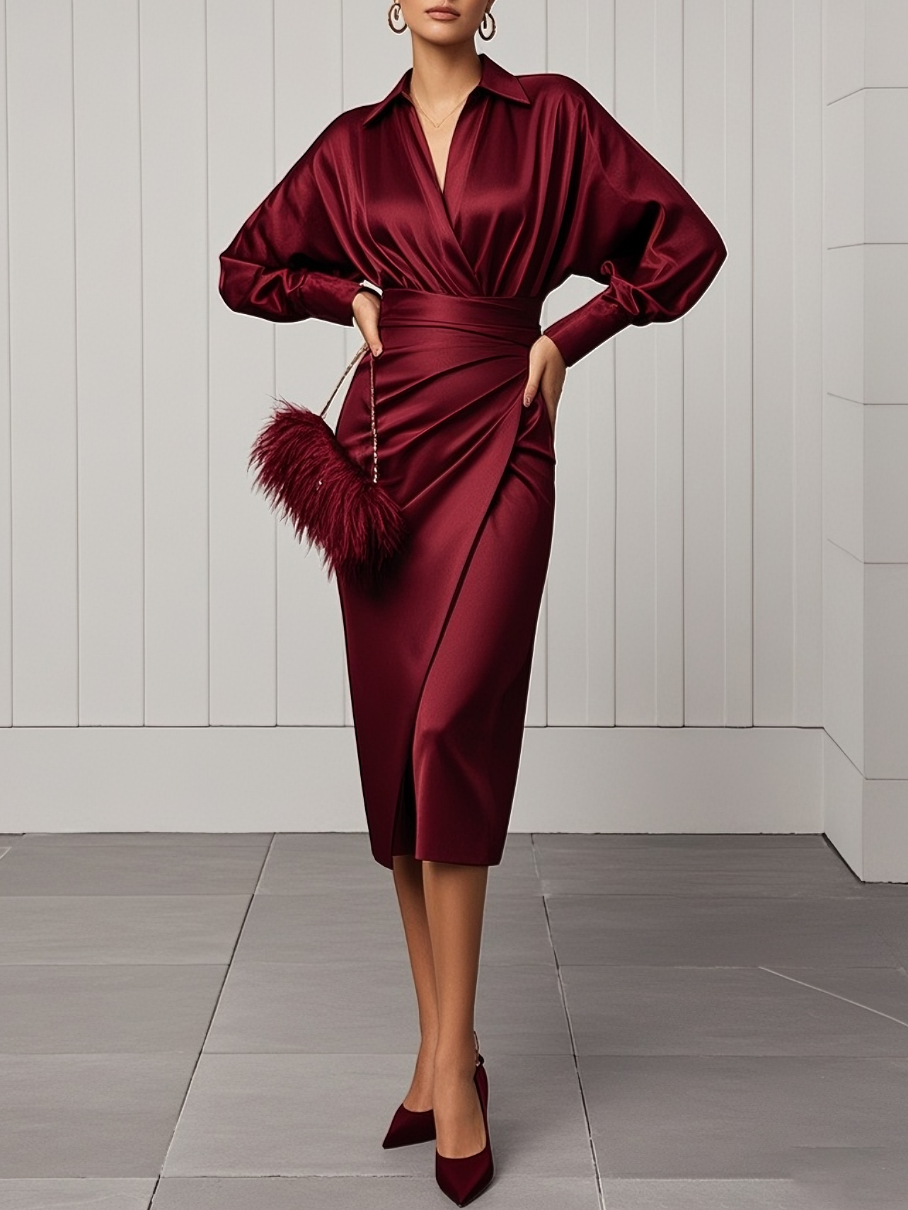 Women Wine Red Lapel Collar Long Sleeve Dressy Top With Skirt Two-Piece Set