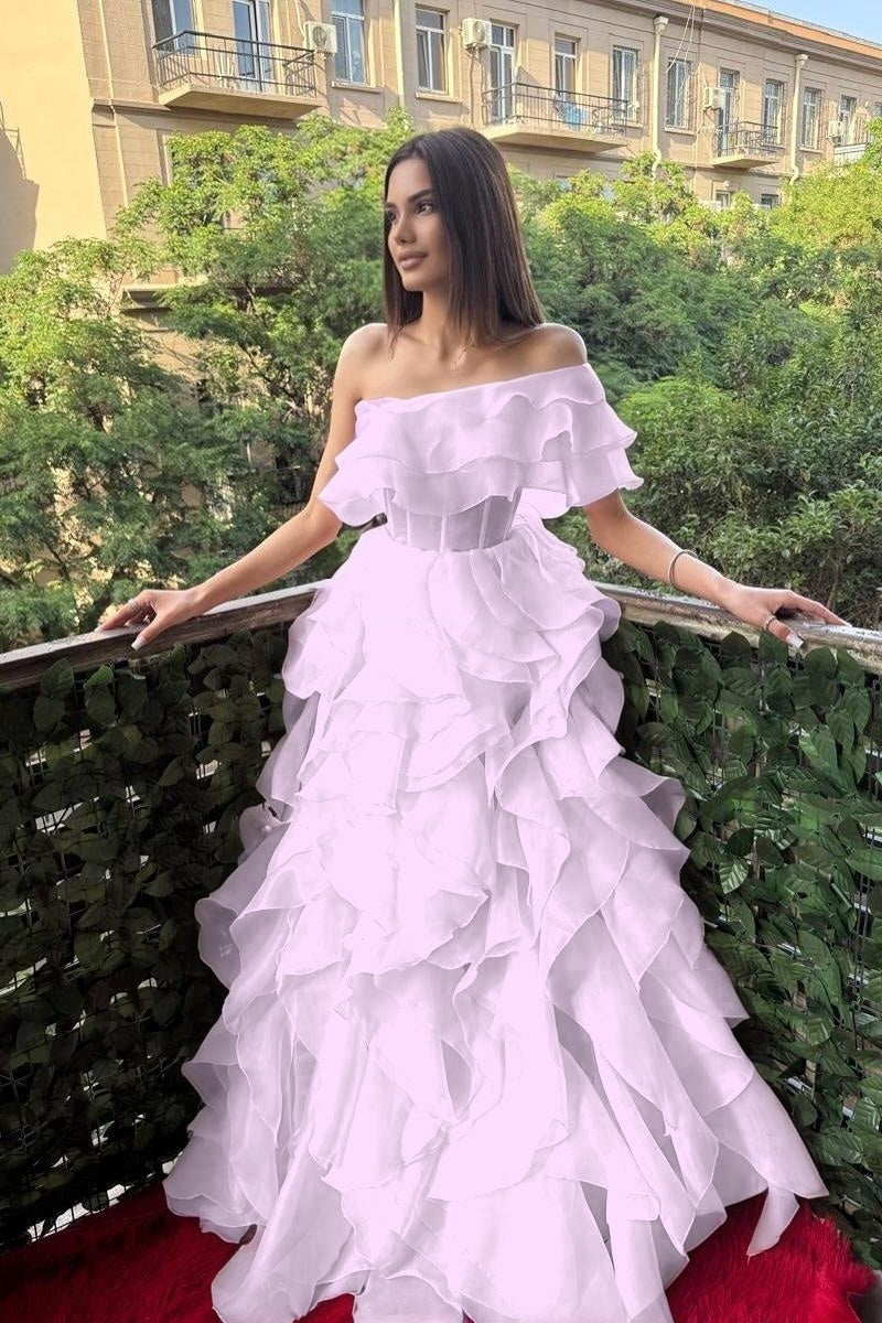 Cocoslly One Shoulder Sleeveless High Waist Long Prom Dress With Ruffles | Pink Chiffon XJ0753