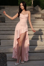 Cocosll Spaghetti Straps Sleeveless High Waist Long Prom Dress With Ruffles | Blushing Pink Satin YC0564