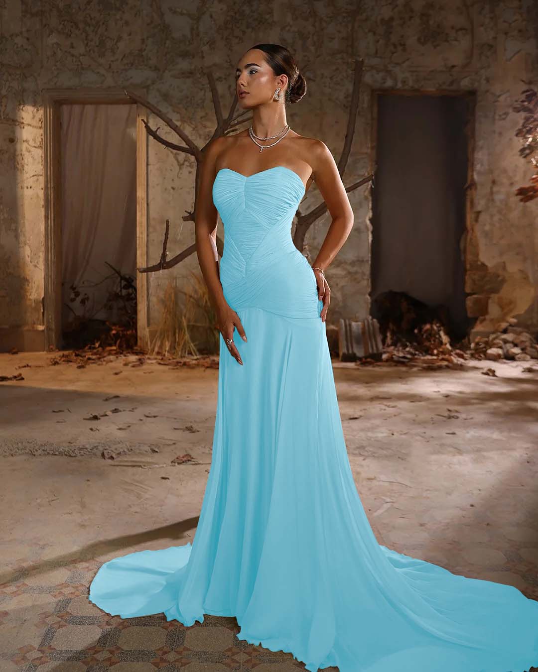 Chiffon Sweetheart Strapless Sleeveless Long Mermaid Prom Dress With Ruffles And Pleated YK0705