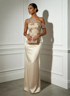 Champagne Lace Ruched Satin One Shoulder Asymmetrical Mermaid Floor-length Gown Dress