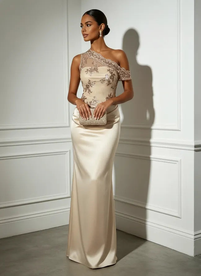 Champagne Lace Ruched Satin One Shoulder Asymmetrical Mermaid Floor-length Gown Dress