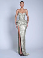 V-Neck Spaghetti Straps Sleeveless Long Mermaid Prom Dress With Split And Sequins YK0713