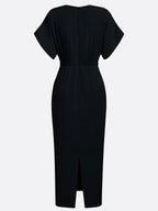 Black Slit Classic V Neck Short Sleeve Dolman Sleeve Sheath Midi Dress With Belt