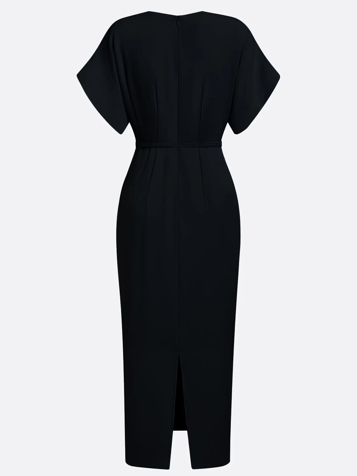 Black Slit Classic V Neck Short Sleeve Dolman Sleeve Sheath Midi Dress With Belt