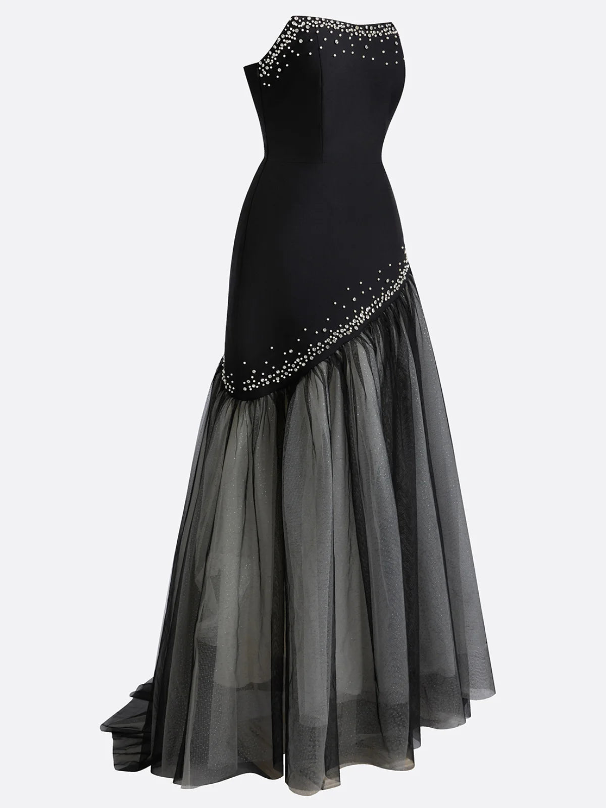 Black Hot Drilling Classic Tulle Strapless Sleeveless A-Line Gown Dress