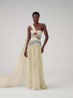 Cocoslly One Shoudler Sleeveless High Waist Long Prom Dress With Rhinstone | Ice White Chiffon YK1281