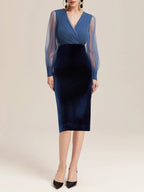 Navy Blue Mesh Split Joint Balloon Sleeve Sheath Midi Velvet Dress