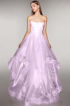Cocoslly Strapless Sleeveless High Waist Long A Line Prom Dress With Flowers | Pink Satin