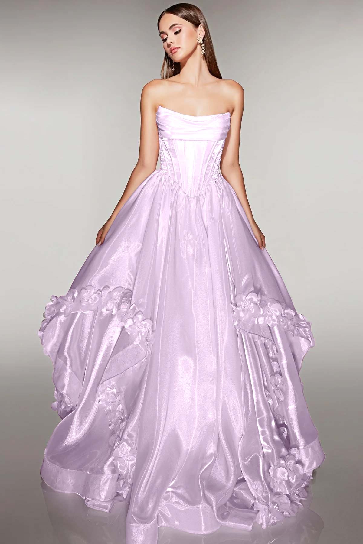 Cocoslly Strapless Sleeveless High Waist Long A Line Prom Dress With Flowers | Pink Satin