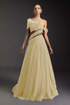 Cocoslly Off-The-Shoulder Long A-Line Prom Dress With Pleated | Burgundy Tulle ZA0173