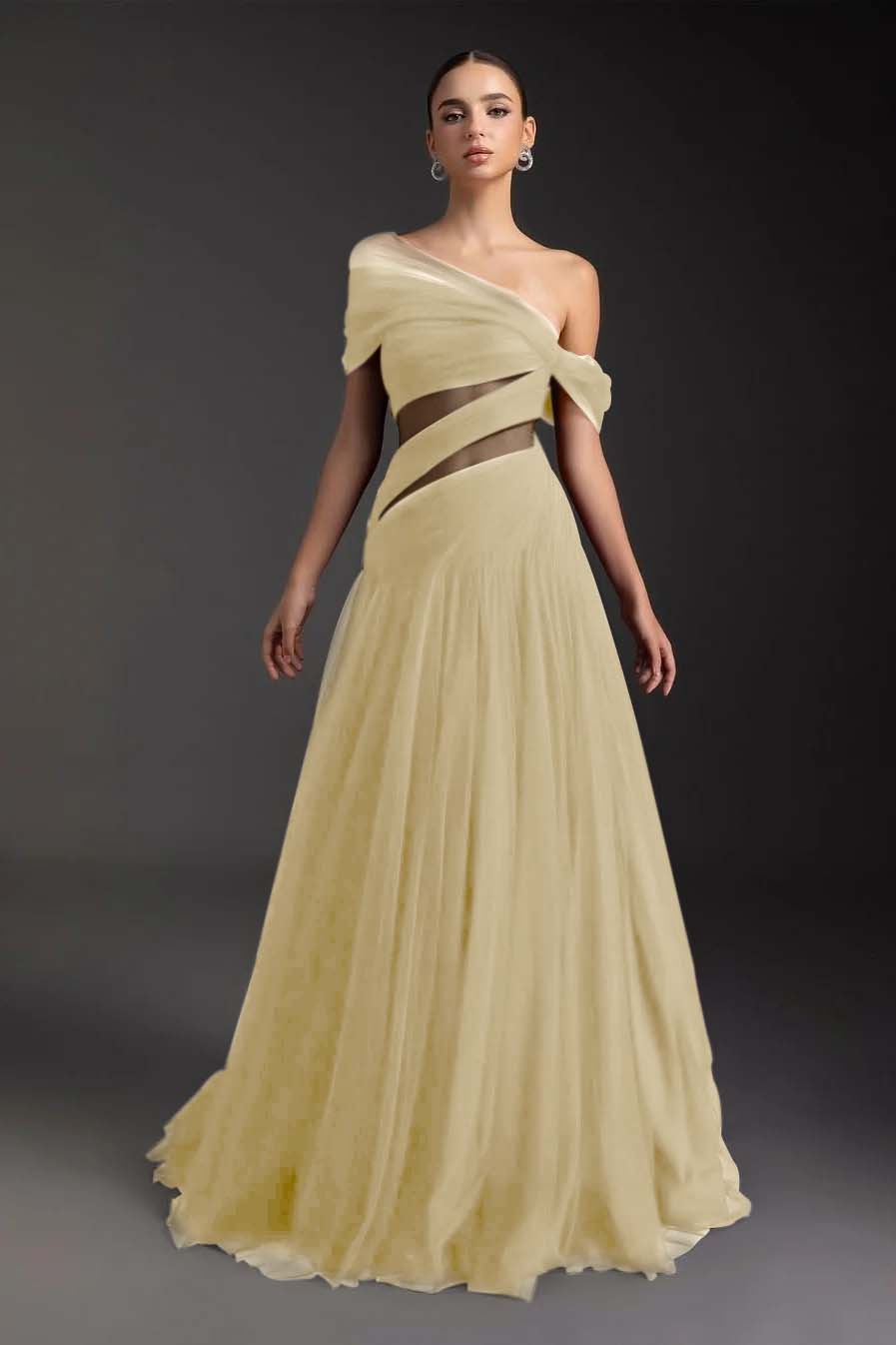 Cocoslly Off-The-Shoulder Long A-Line Prom Dress With Pleated | Burgundy Tulle ZA0173