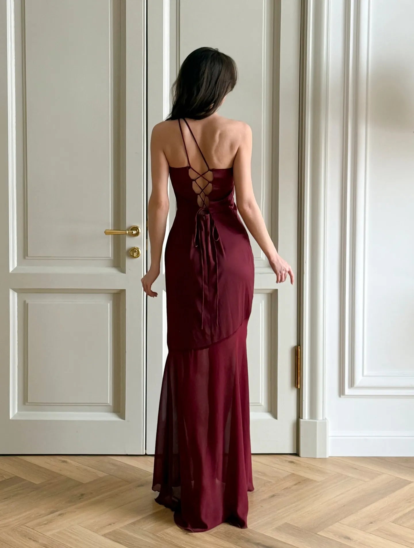 Cocoslly One Shoulder Sleeveless High Waist Long Mermaid Prom Dress | Burgundy Chiffon CO0126