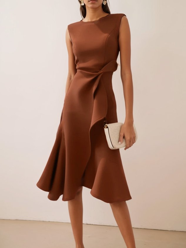 Purplish Blue Waist Twist Ruffled Sleeveless A-Line Midi Dress