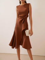 Red Asymmetric Ruffled Classic Boat Neck Sleeveless Midi Elegant A-line Dress with Waist Twist for Day-to-Night