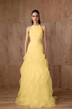 Cocoslly Halter Sleeveless High Waist Long Prom Dress With Ruffles | Daffodil Tulle YC0478