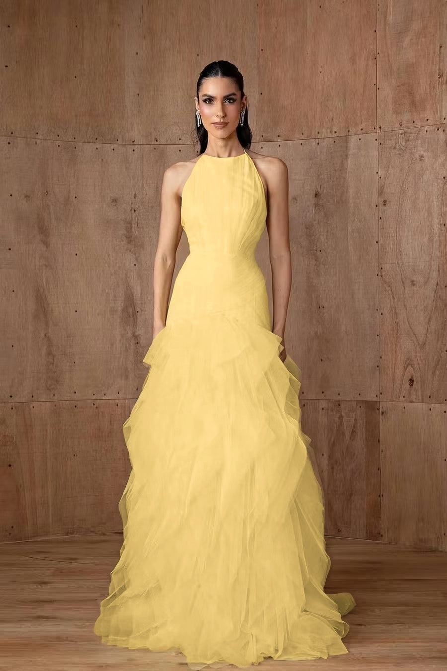 Cocoslly Halter Sleeveless High Waist Long Prom Dress With Ruffles | Daffodil Tulle YC0478