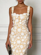 White 3D Floral Classic Square Neck Sleeveless Sheath Midi Dress