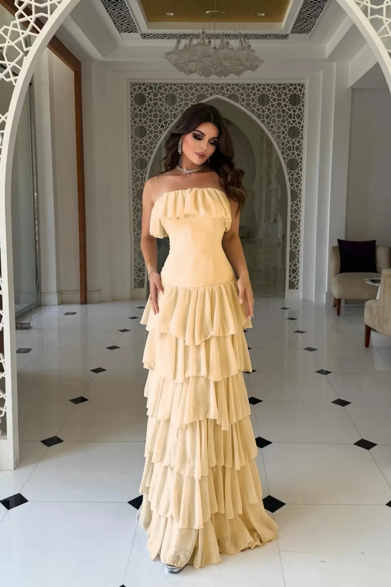 Cocoslly Strapless Sleeveless High Waist Long Prom Dress With Ruffles | Nude Champage Chiffon YC0565