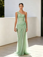 Green Chiffon One Shoulder Sleeveless Sheath Floor-length Gown Dress