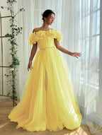 Tulle Off-The-Shoulder Strapless Sleeveless Long Pleated A-Line Prom Dress With Flower Appliques And Split YK0615