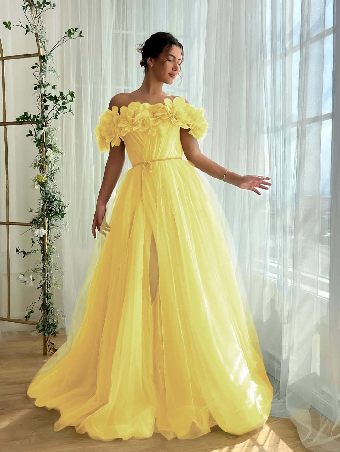 Tulle Off-The-Shoulder Strapless Sleeveless Long Pleated A-Line Prom Dress With Flower Appliques And Split YK0615