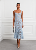Light Blue Lace Sweetheart Neckline Sleeveless Mermaid Midi Dress