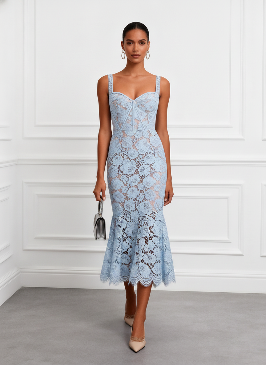 Light Blue Lace Sweetheart Neckline Sleeveless Mermaid Midi Dress