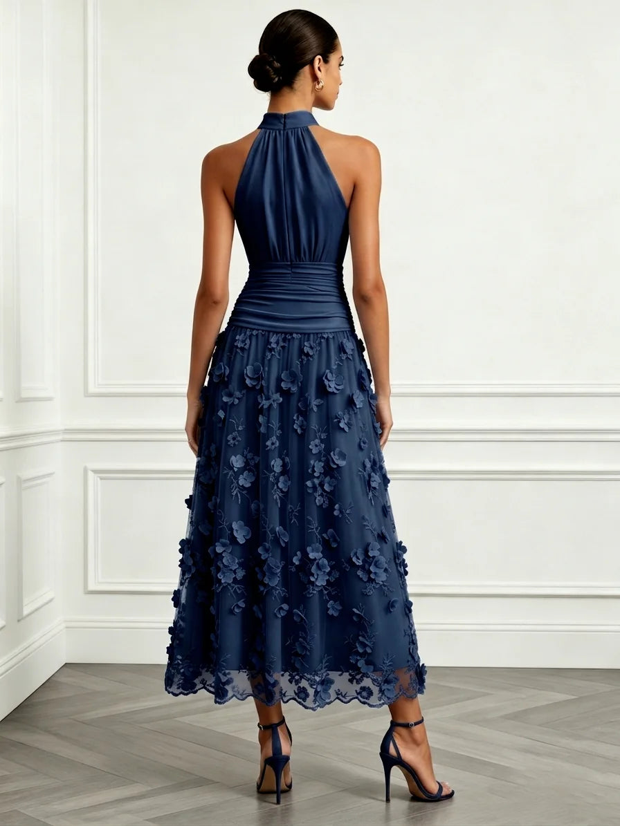 Purplish Blue 3D Floral Embroidery Classic Halter Neck Sleeveless A-Line Maxi Dress