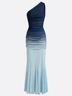 Blue Ruched Ombre Mesh One Shoulder Sleeveless Sheath Maxi Two-Piece Set Dress