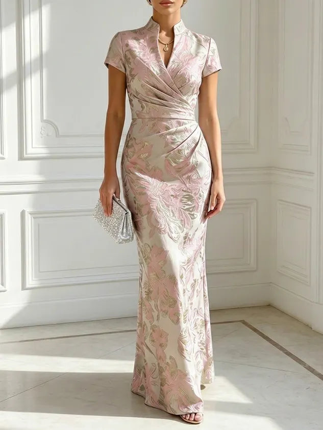 Light Blue Jacquard Classic V Neck Short Sleeve Mermaid Floor-length Gown Dress