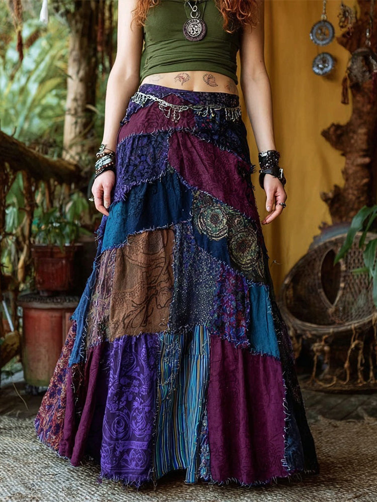 Hippie Bohemian Inspired Patchwork Cozy Linen Skirt