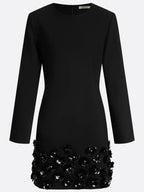 Black 3D Floral Classic Crew Neck Long Sleeve Bell Sleeve A-Line Mini Dress