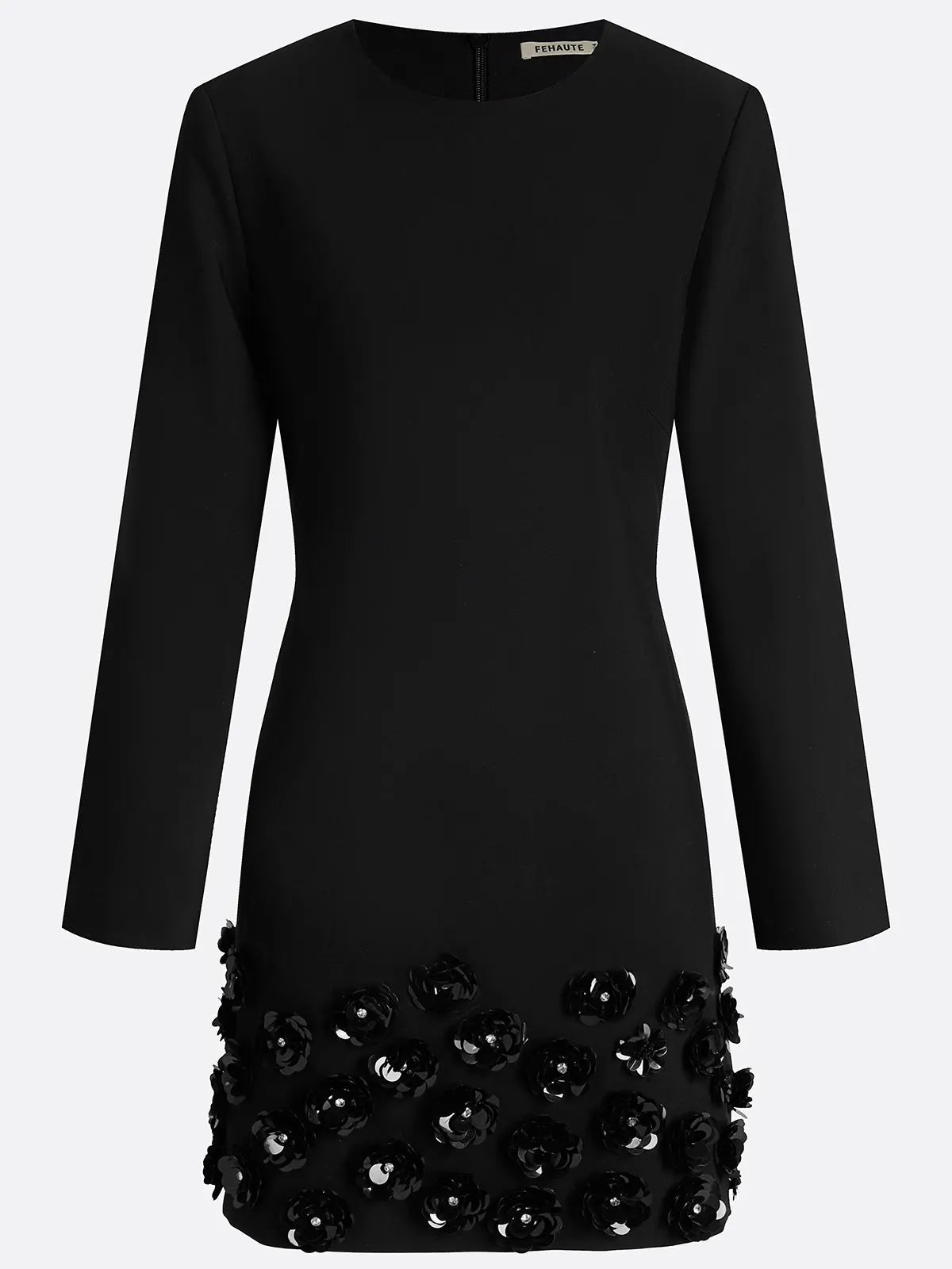 Black 3D Floral Classic Crew Neck Long Sleeve Bell Sleeve A-Line Mini Dress