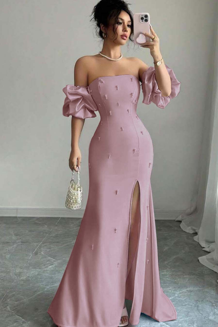 Strapless Bubble Sleeves Long Split Prom Dress With Beading WQ0027