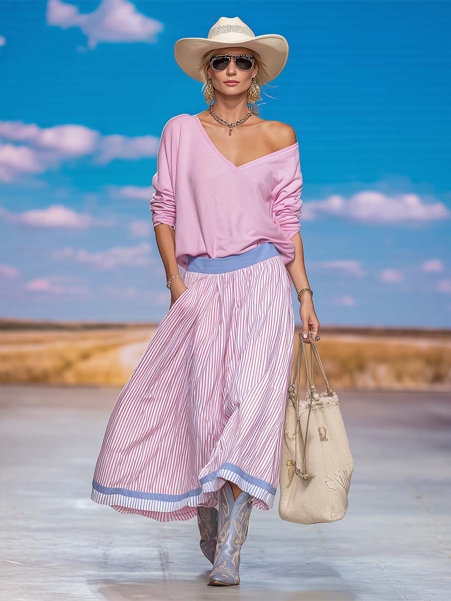 Casual Coastal Pink V-Neck Off-Shoulder Sweatshirt And Striped Midi Skirt Set