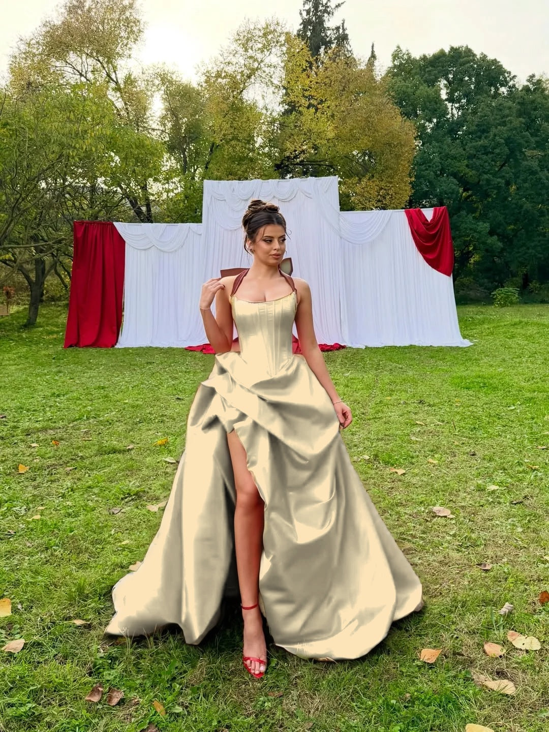 Satin Halter Neck Strapless Sleeveless Long A-Line Prom Dress With Pleated And Split YK0728