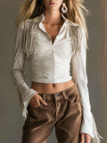 Western Retro Off-White Faux Suede Tassel Long-Sleeved Shirt