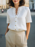 Lace-Trim V-Neck Button-Front Short Sleeve Blouse