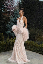 Cocoslly Halter V-Neck Sleeveless High Waist Long Prom Dress With Appliques And Tassel | White Lace LR0368