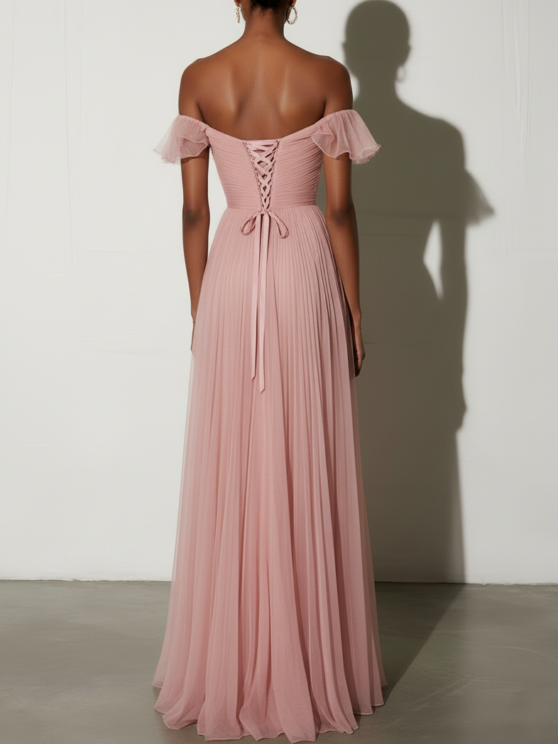 Pink Ruffled Pleated Tulle Off The Shoulder Short Sleeve A-Line Gown Dress
