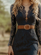 Vintage Bohemian Blue Lace Long Sleeve Midi Dress
