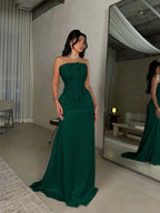 Satin Strapless Sleeveless Long Pleated Mermaid Prom Dress With Flowers And Sequins YK0636