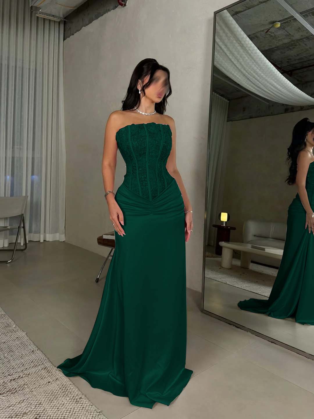 Satin Strapless Sleeveless Long Pleated Mermaid Prom Dress With Flowers And Sequins YK0636